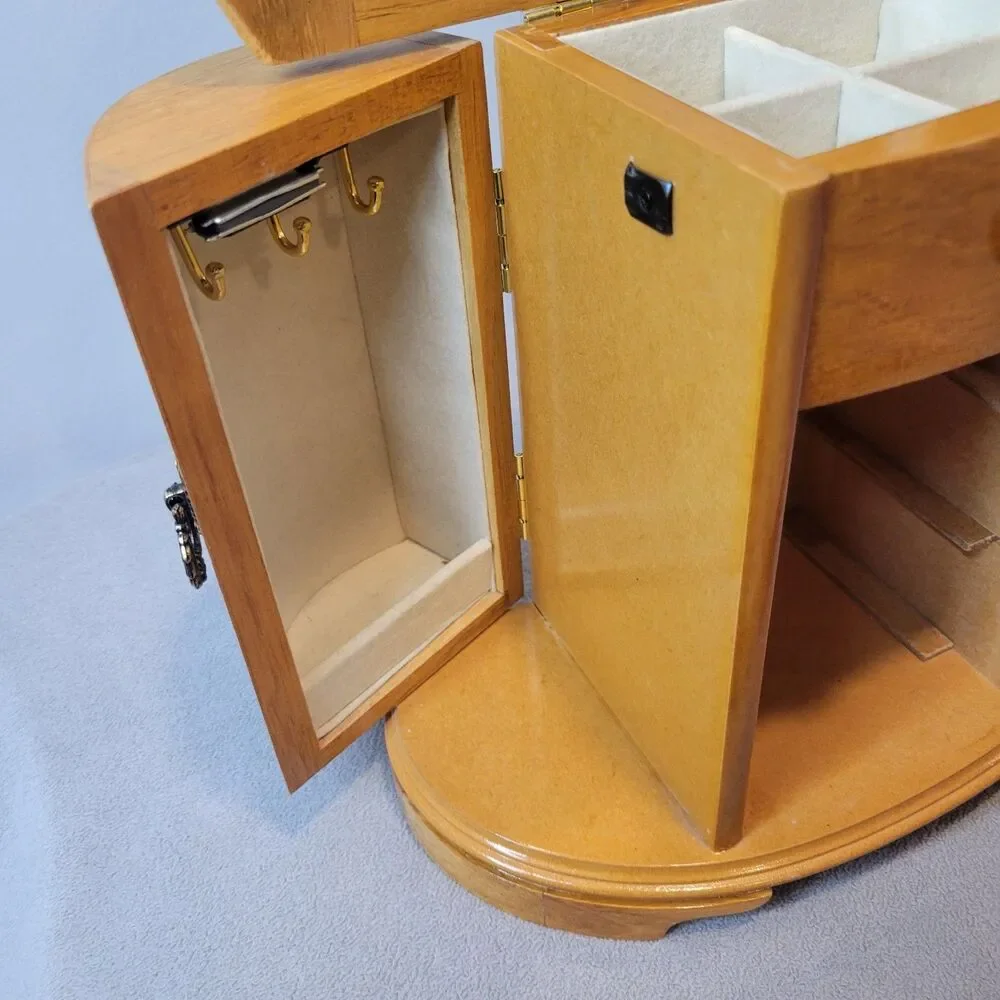 Vintage Mele Wooden Jewelry Box Armoire Heart Hardware Lining Mirror